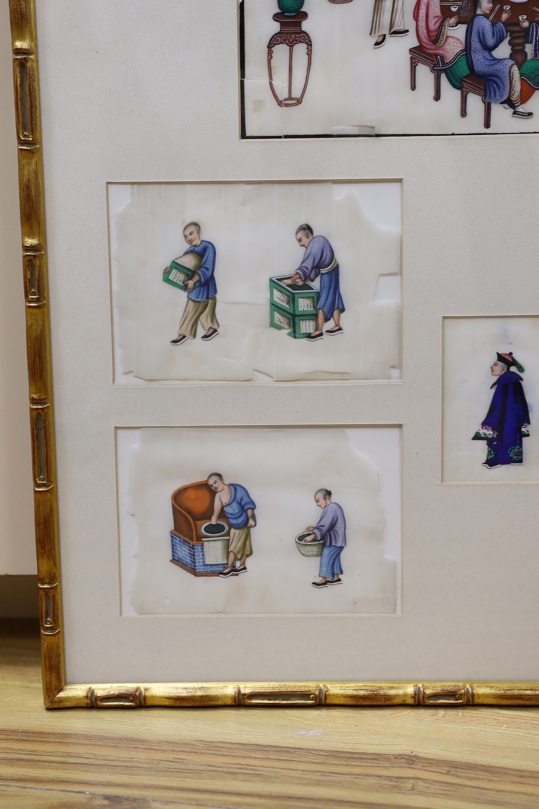 19th century Chinese School, six gouaches on pith paper, Figures around a dining table and other figure studies, largest 18 x 30cm, framed as one